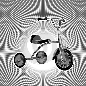 Children`s tricycle. Stylized vintage vectorial black and white pattern