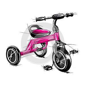 Children`s tricycle toy pink vector graphic illustration hand drawn stroke