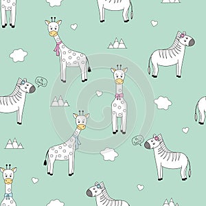 children's vector pattern with cute giraffes and zebras, in pastel colors