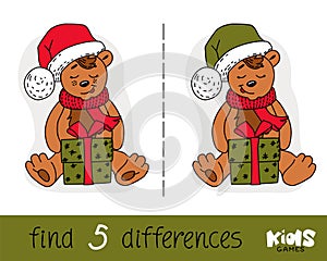 Children`s visual puzzle: find five differences. Logic game with a bear. Vector