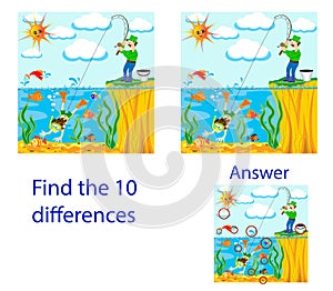 Children`s  Visual Puzzle: find ten differences from the fisherman has caughted on fishing rod of the diver
