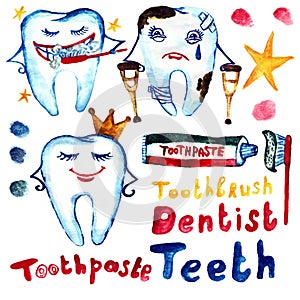 Children`s watercolor set dentistry teeth