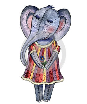 Children`s watercolor set little elephant. Cute elephant in a striped dress