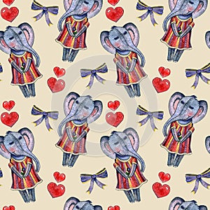 Children`s watercolor set seamless pattern with elephants