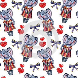 Children`s watercolor set seamless pattern with elephants