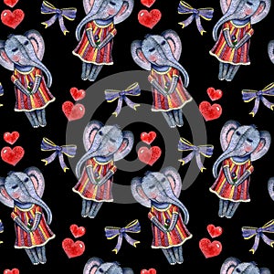 Children`s watercolor set seamless pattern with elephants