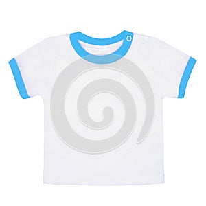 Children`s white t-shirt with a blue fringe isolated on white background