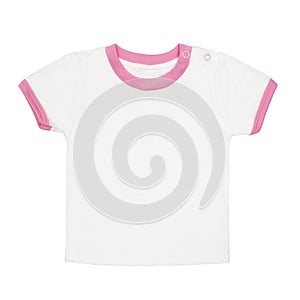 Children`s white t-shirt with a pink fringe isolated on white background