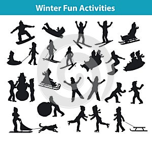 Children`s Winter fun activities in ice and snow silhouette set collection