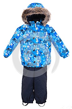 Children& x27;s winter outerwear. Pants and blue jacket with print  on white background