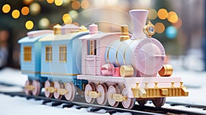 Children's wooden toy Christmas train with pastel colored gifts