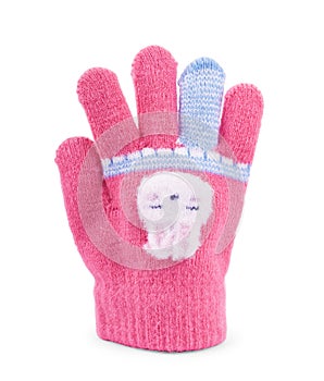 Children`s woolen patterned knitted mittens isolated on white