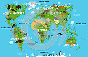 Children s world map with the names of continents and oceans. Animals on the mainland. Vector graphics