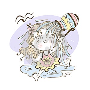 Children`s zodiac. Aquarius Sign. The sweet girl is drenched in water. Vector