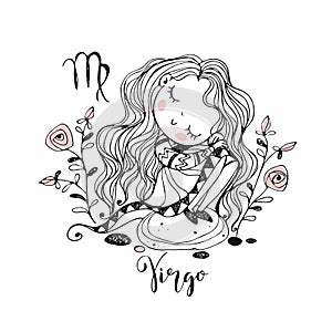 Children`s zodiac. Sign Of Virgo. Cute girl sitting on a rock. Vector. Black-white