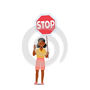 Children Safety Rules Education Concept. Kid Girl Holding Stop Road Sign Isolated On White Background