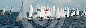 Children sailing in small colourful boats and dinghies in Australian high school championships