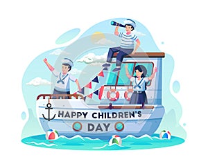 Children in sailors costumes sailing the sea using a sailboat. Happy Children`s day celebration vector illustration