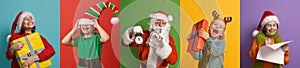 Children and Santa Claus on multicolor background