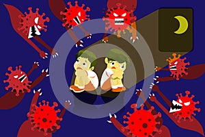 The children are scared and fear of the Coronavirus CoVID-19 evil, who is going to hurt them. Nightmare concept