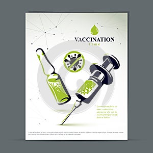 Children scheduled vaccination brochure. Vector graphic illustration of medical ampoule and syringe for injections photo