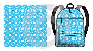 Children school backpack decorated abstract geometric blue seamless pattern with lines and fractal ornament. Vector ornament for