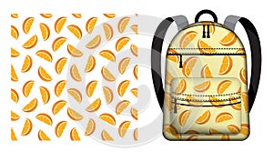 Children school backpack decorated seamless pattern with slices of orange. Slices of orange. Vector ornament for design of posters