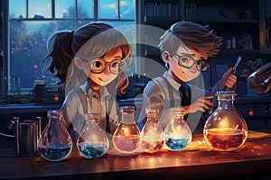 Children at school are doing experiments in chemistry class