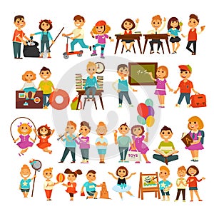 Children in school or kindergarten outdoor activity vector flat icons set