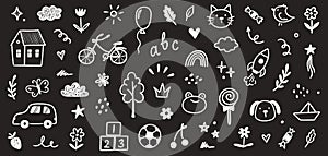 Children school, kindergarten vector doodle set on chalkboard. Cute daycare hand drawn flower, toy, animal elements