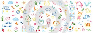 Children school, kindergarten vector doodle set. Cute daycare hand drawn flower, toy, animal elements. Childish cute