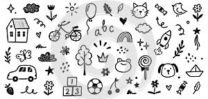 Children school, kindergarten vector doodle set. Cute daycare hand drawn flower, toy, animal elements. Childish cute