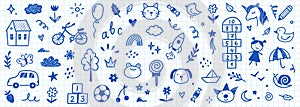 Children school, kindergarten vector doodle set. Cute daycare hand drawn flower, toy, animal elements. Childish cute