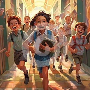 children in school running happily through the corridors