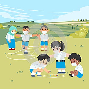 children in school uniform wearing a mask boy and girl playing Hopscotch and marbles on a green hilly field