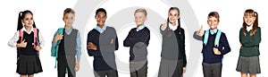 Children in school uniforms on background. Banner design