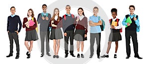 Children in school uniforms on background. Banner design photo