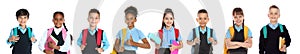 Children in school uniforms on background. Banner design photo