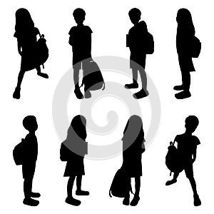 Children with schoolbags black silhouettes set, schollboy kids isolated, pupils boys and girs in different poses with bags, back