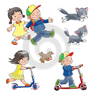 Children on scooters and cat.