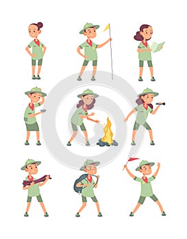 Children scouts. Cartoon kids in scout uniform in summer camping. Funny boys and girls tourist vector characters