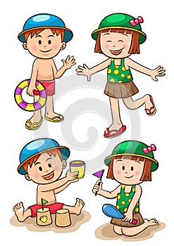 Children Sea Vacation. Girls and Boys Playing on the Beach.