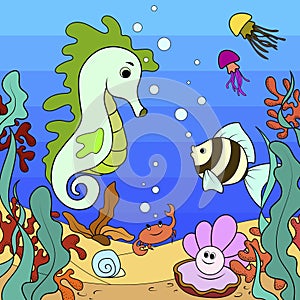 Children, seabed and its inhabitants. Color picture vector.