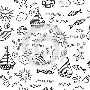 Children seamless pattern with doodle beach elements - sea, sun, shell, fish, ship, sun. Coloring page for adults. Vector