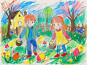 children search meadow for easter eggs kids style hand drawing illustration