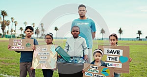 Children, serious face and climate change protest poster for eco friendly, sustainability and saving planet. Outdoor