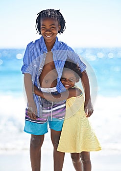 Children, siblings and portrait and beach for holiday vacation, outdoor relax or family bonding. Black people, girl and