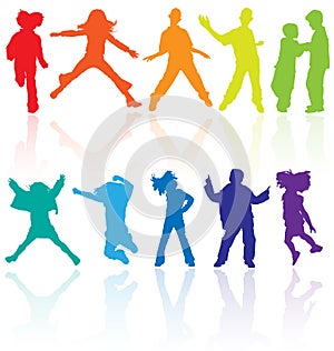 Kids silhouette children silhouettes dancing dance playing vector kid youth child teens school jumping teenagers club party happy photo
