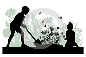 Children silhouettes. Little girl and boy work in the garden.