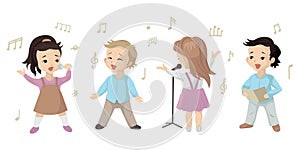 Children sing a song, a set of characters in a music lesson or choir. Vector illustration on white background